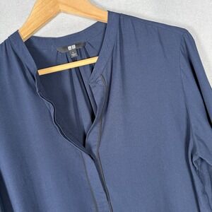 Uniqlo Tunic Top 1/4 Button Rayon Blue Black Trim
